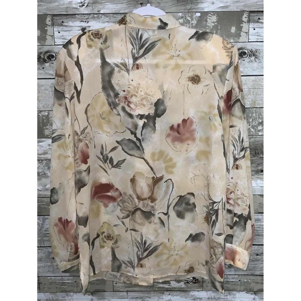 Vintage Tess Brown Floral Button Front Blouse Polyester Shoulder Pads Size 16 - Picture 3 of 4